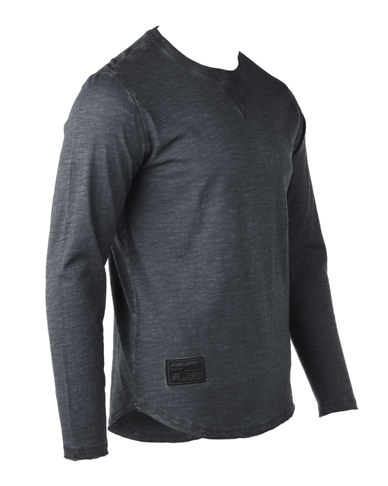 Men's dark gray long-sleeve crewneck T-shirt with raw-edge trim and logo patch