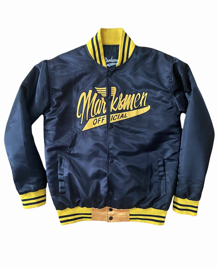 Dark navy silk satin bomber jacket with yellow logo print, rib-knit striped cuffs, zipper