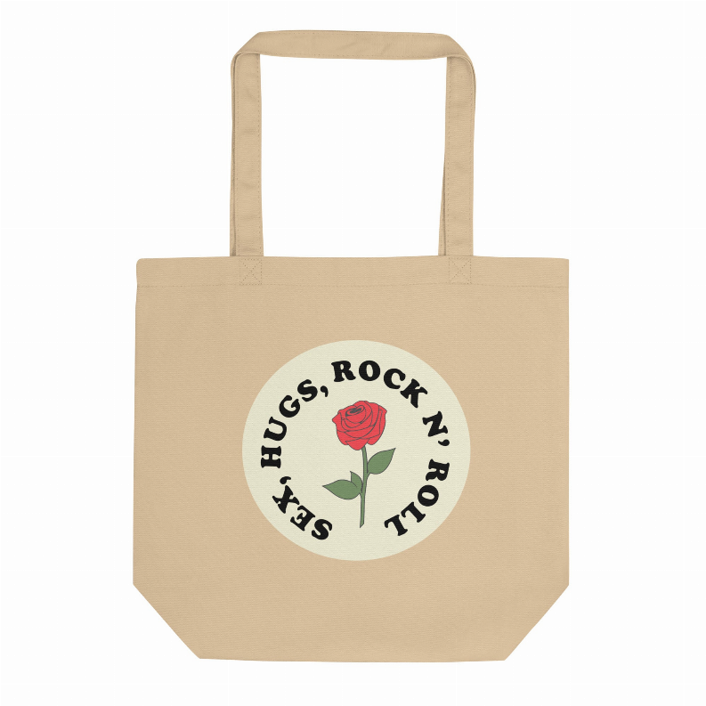 Beige canvas tote bag with rose graphic and 'Hugs, Rock N' Roll' text, square handles