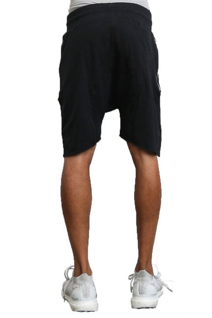 Black knee-length drawstring shorts, elastic waistband and relaxed leg fit