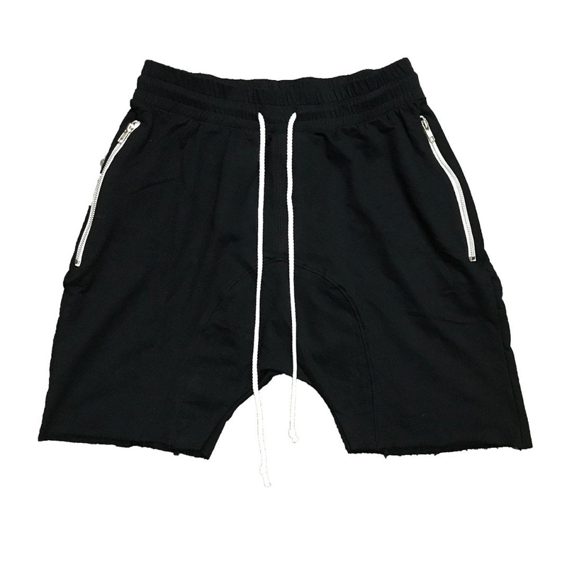 Black drawstring shorts with white laces and side zip pockets