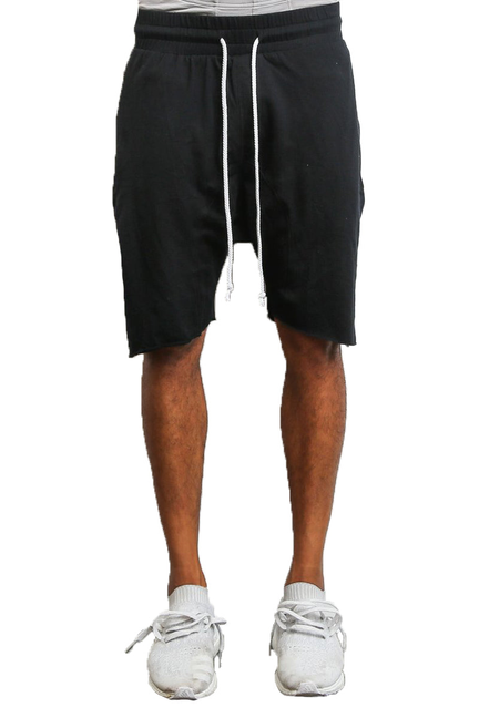 Black drawstring shorts with elastic waistband and white drawcords