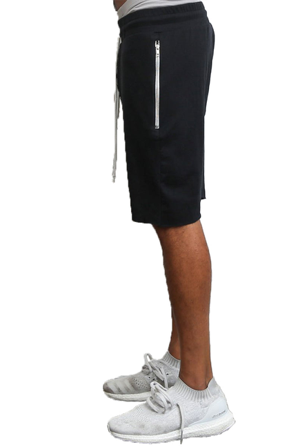 Black knee-length shorts with vertical zip pocket and white drawstring