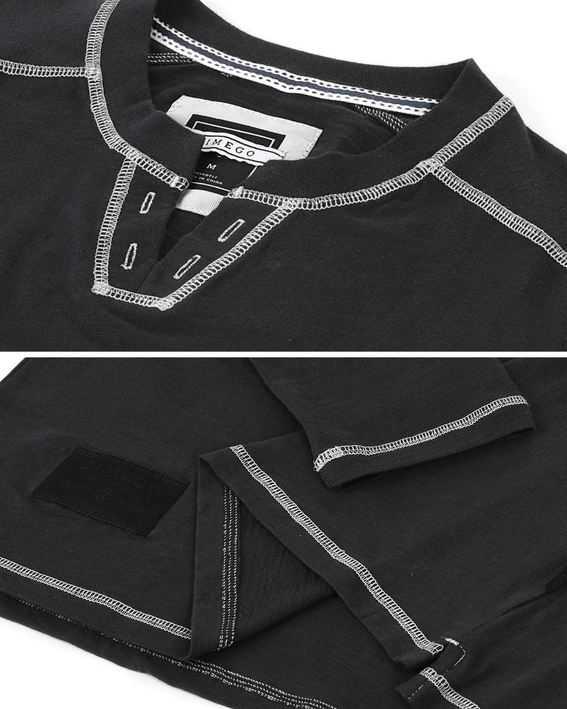 Men's henley shirt close-up: notch V-neck, contrast stitching, button placket