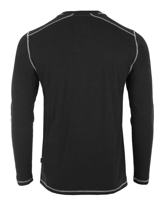 Men's black long sleeve henley shirt back view with contrast seam trim