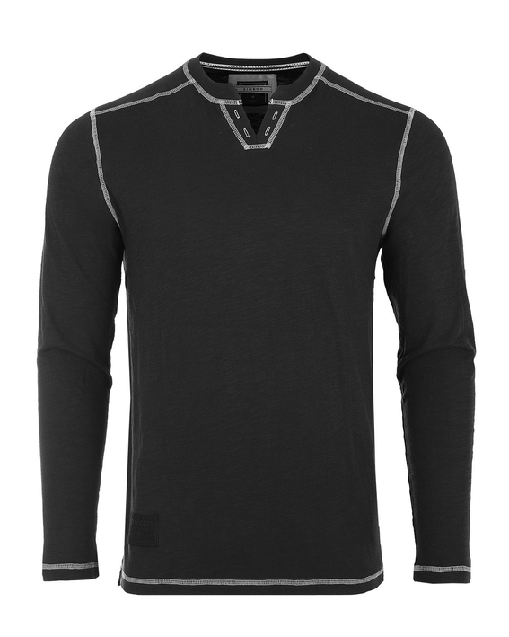 Men's black long sleeve notch V-neck henley shirt with contrast trim