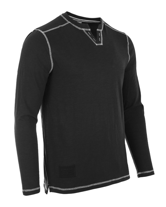 Men's black long sleeve notch V-neck henley shirt, contrast-stitched edges