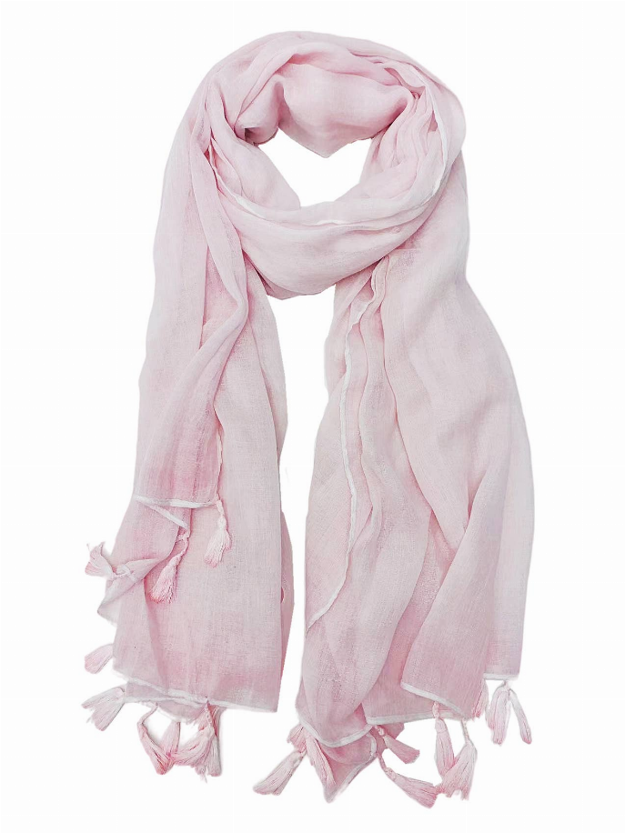 Light pink solid scarf with tassel fringe ends, softly draped.