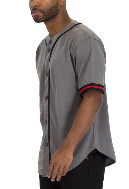 Grey baseball jersey with button front and red/black striped sleeve trim