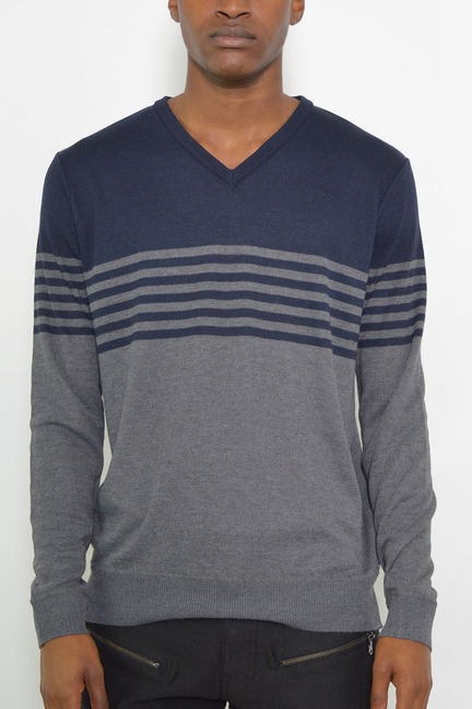 Two-tone V-neck sweater with dark navy and gray, horizontal stripe band across chest