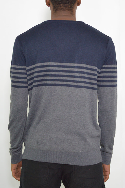 Two-tone V-neck sweater back with navy and gray sections and horizontal stripe bands