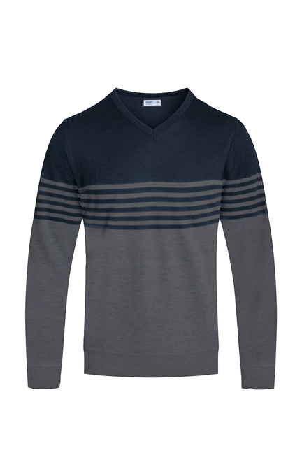 Two-tone V-neck sweater with navy top, gray bottom, and horizontal stripe bands