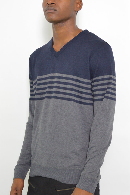 Two-tone V-neck sweater in navy and gray with horizontal stripe band across chest