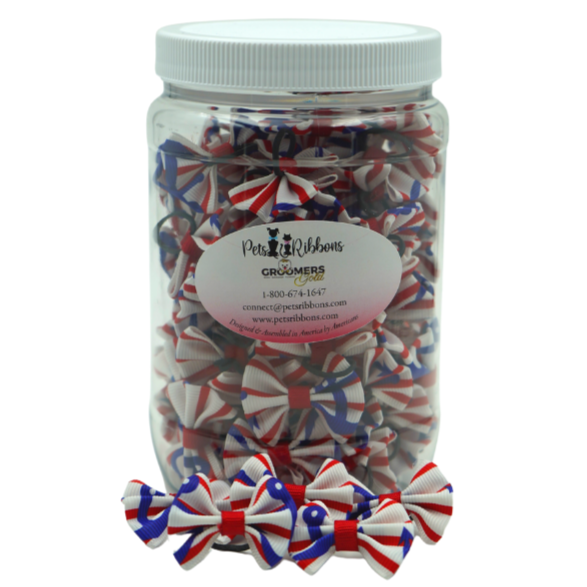 Pet ribbon bows, red white and blue stripes, in clear 100-pack jar