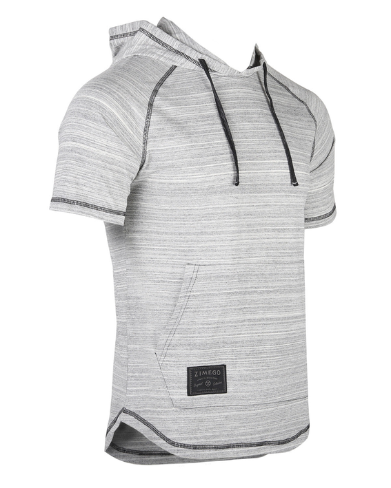 Men's short-sleeve raglan hoodie, heather gray with dark trim, drawstring hood, curved hem