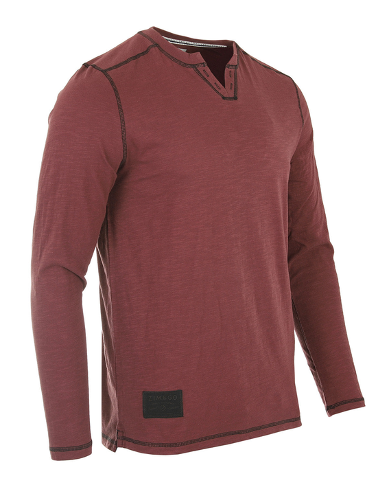 Men's maroon long-sleeve henley shirt, angled front view with contrast trim