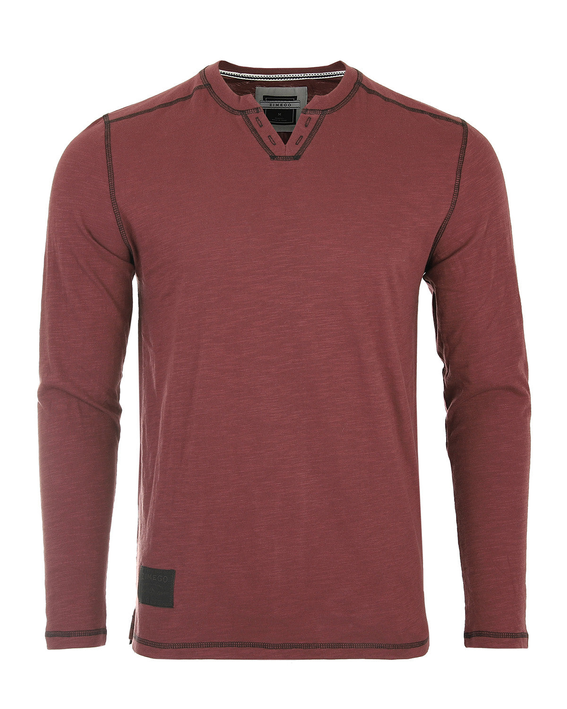 Men's maroon long-sleeve henley shirt, front view with notch V-neck and placket