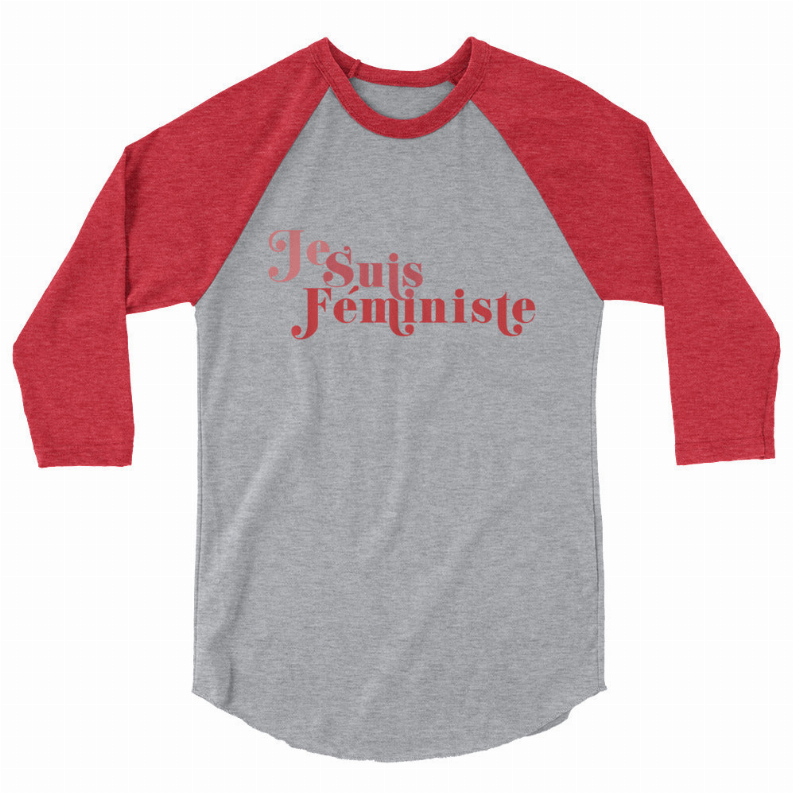 Raglan ringer T-shirt with red sleeves and gray body, front “Je Suis Feministe” print