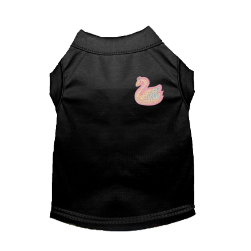 Black sleeveless top with pink swan applique on the chest.