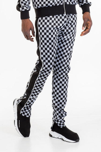 Black-and-white checkered track pants with elastic cuffs
