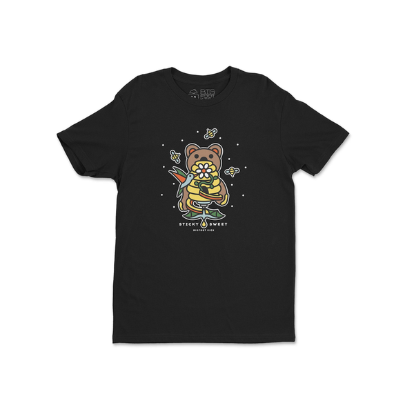 Black crewneck T-shirt with colorful bear graphic on the chest