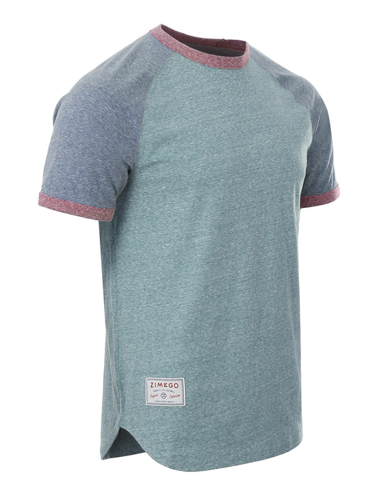 Men's raglan ringer T-shirt, heather teal body with navy sleeves and pink collar trim