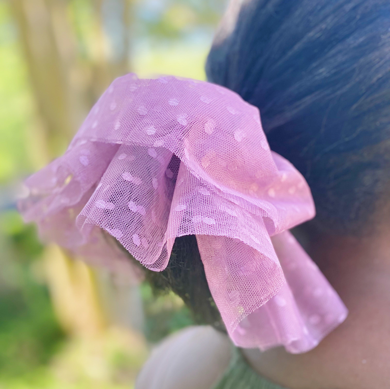 Pink tulle hair scrunch with ruffled bow