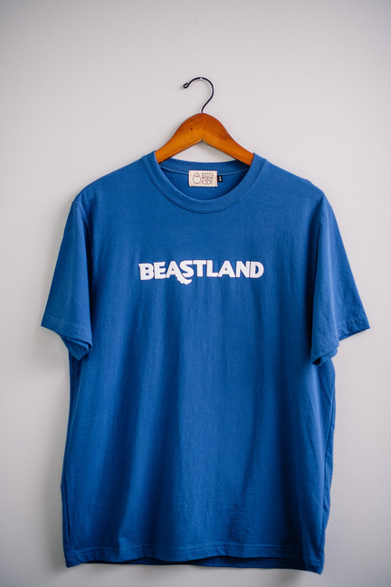 Blue short-sleeve crew-neck tee with BEASTLAND logo on the chest, hanging
