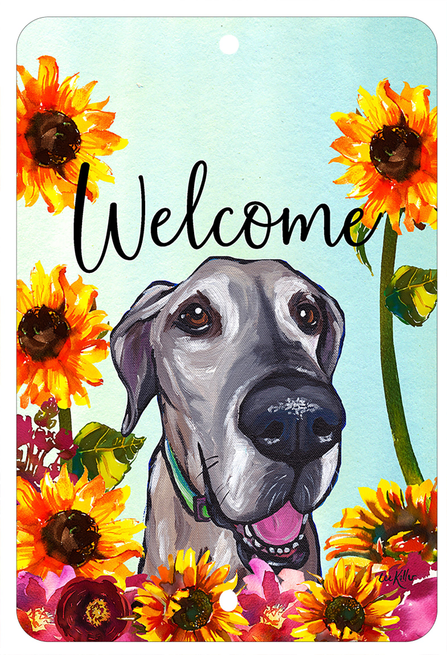 Great Dane welcome indoor/outdoor aluminum sign with smiling dog face and sunflowers