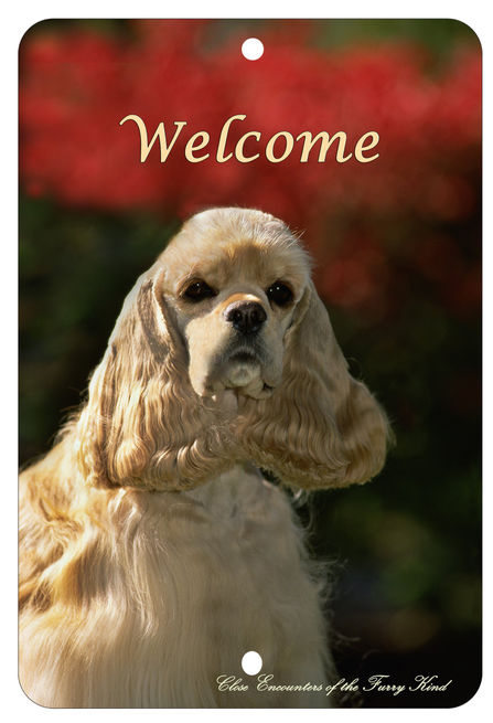 Welcome Cocker Spaniel buff indoor/outdoor aluminum sign with dog portrait