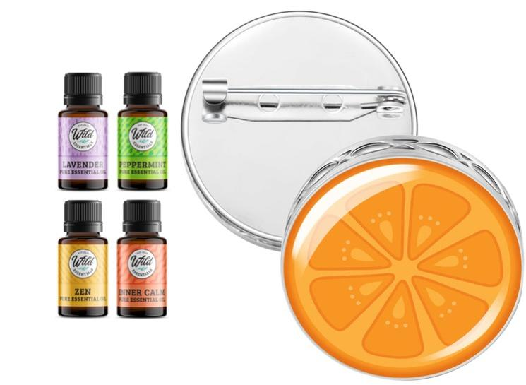 Orange slice pin brooch diffuser with 4 essential oil bottles and refill vials