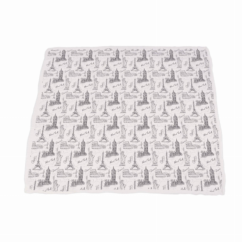 White bamboo blanket with repeated city tower line-art pattern