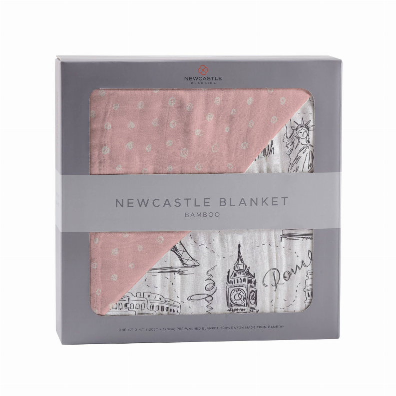 Newcastle bamboo blanket in gift box, pink dotted side with white cathedral print