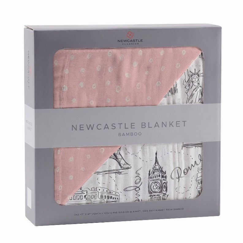 Newcastle bamboo blanket in gift box, pink patterned side and white city print