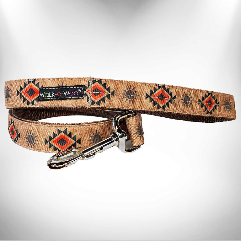 RaDog dog leash with brown patterned fabric and silver metal clips