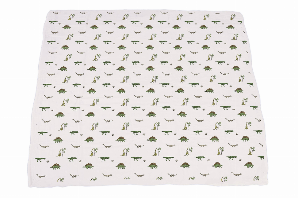 Cotton blanket with allover small green dinosaur print on light background