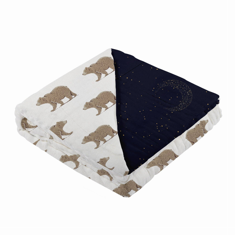 Folded bamboo blanket with rhino animal print and navy star-speckled reverse