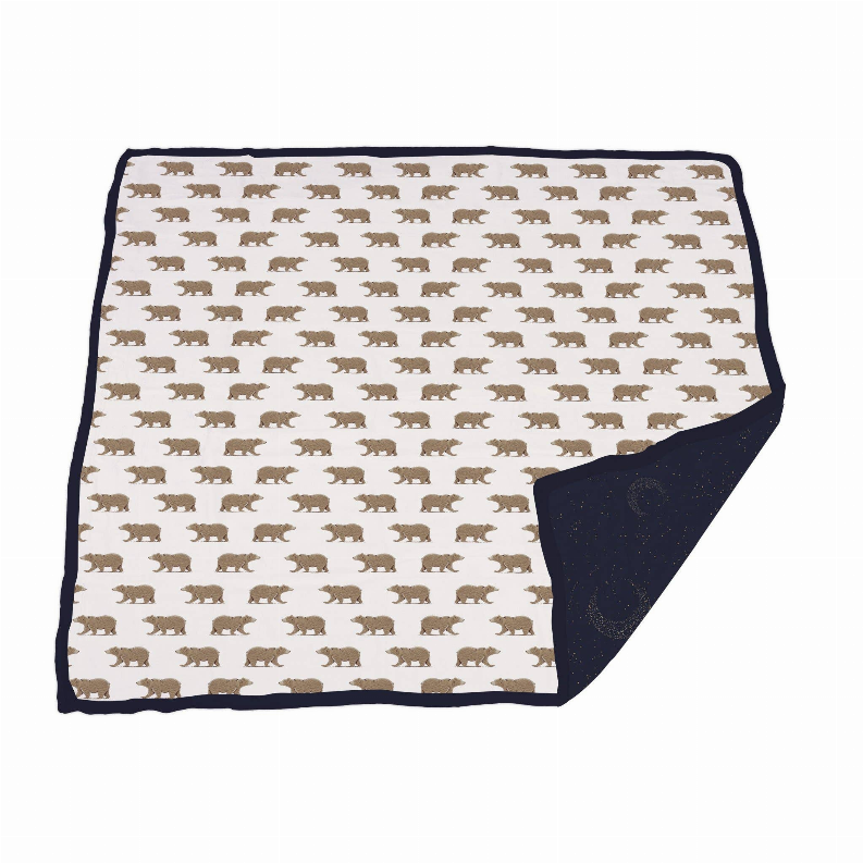 Bamboo blanket with repeating rhino silhouettes, navy border, and dark corner print