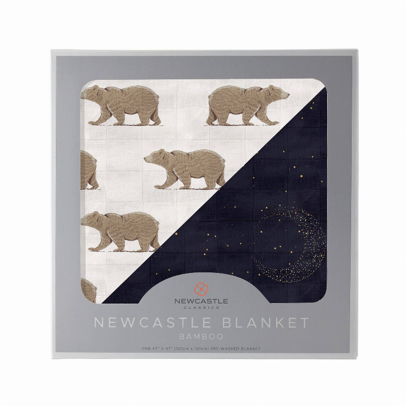 Gift box display of bamboo blanket with rhino pattern and navy speckled diagonal panel