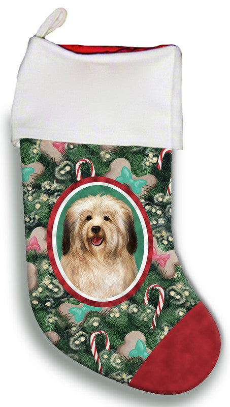 Cream Havanese Christmas stocking with framed dog face, green foliage print and red cuff