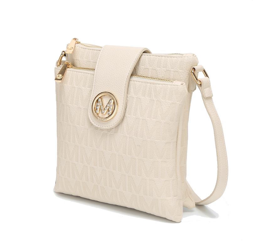 Beige leather-textured monogram crossbody bag with gold-tone M logo and shoulder strap