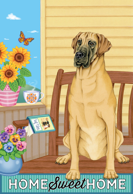 Garden flag featuring a tan Great Dane and “HOME Sweet HOME” text