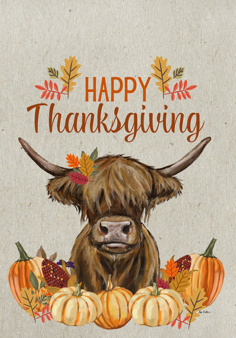 Thanksgiving garden flag with Highland cow, “Happy Thanksgiving” text and pumpkins
