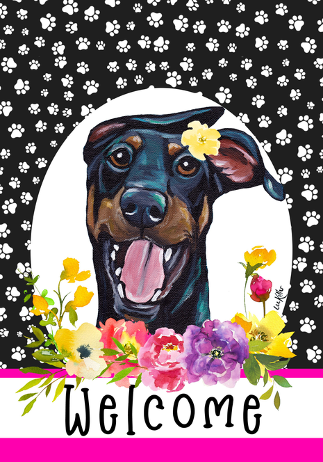 Doberman house flag with paw-print backdrop, dog face, flowers, and "Welcome" text