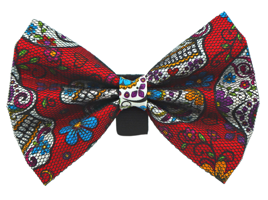 Multicolor patterned bow tie with red, gray, and purple designs and center knot