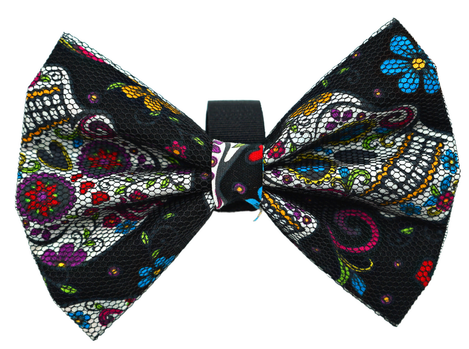 Multicolor patterned ribbon bow with black mesh background and center band