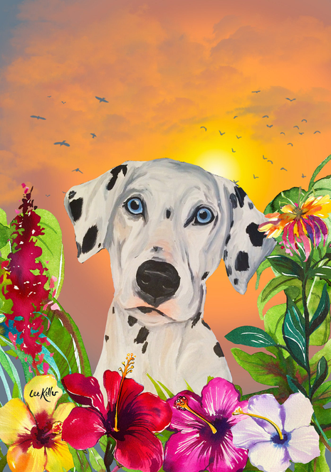 Dalmatian tropical garden flag with colorful flowers and dog portrait