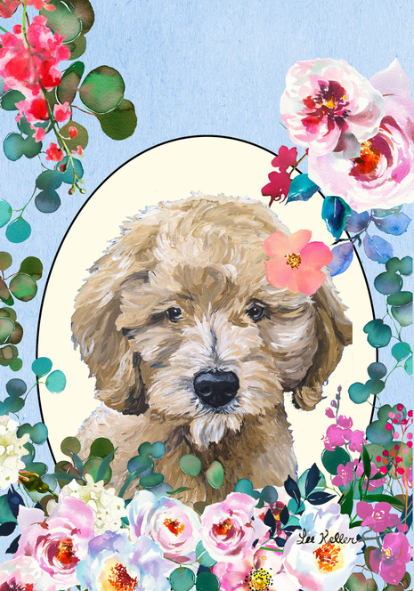 Cavapoo dog house flag with floral wreath and arched portrait