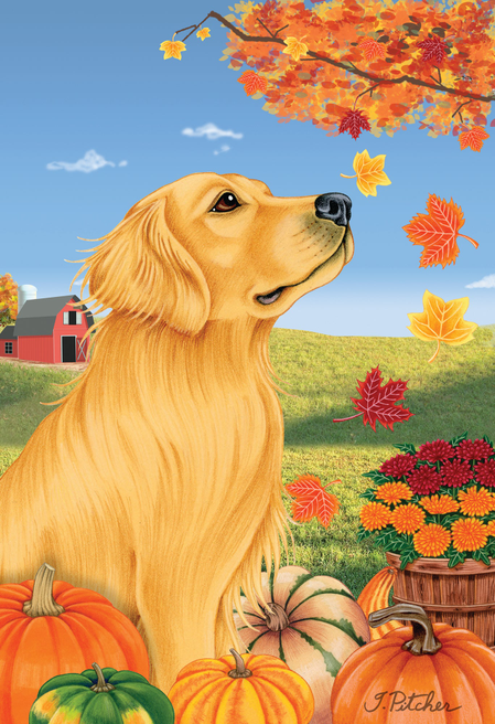 Golden retriever autumn leaves outdoor flag with dog portrait and fall leaf decorations