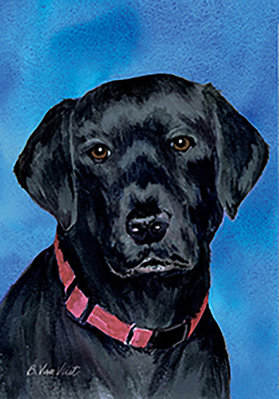 Black Labrador portrait flag with dog wearing a pink collar